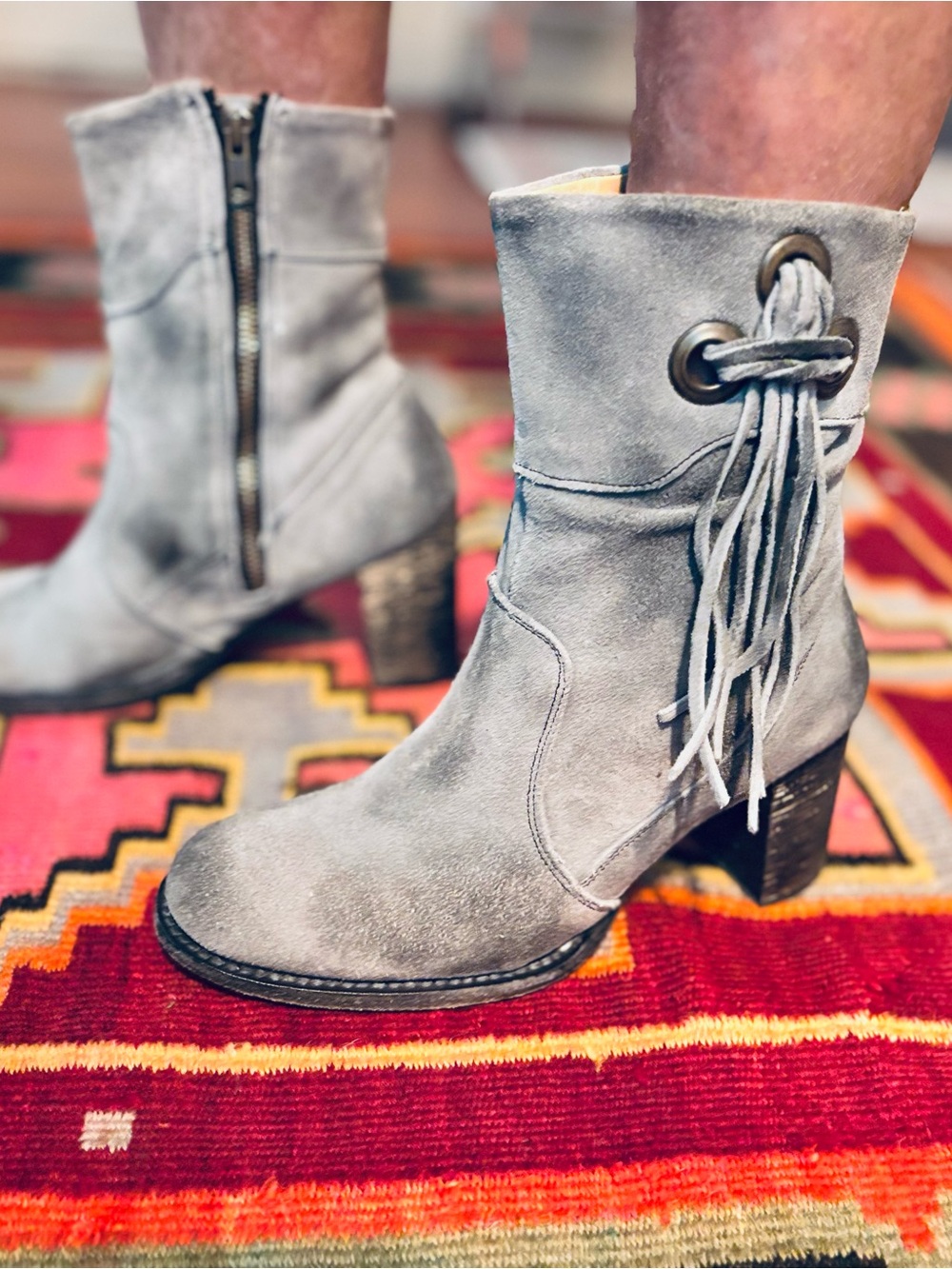 BED|STU Gray Suede Fringe Zip Ankle Boots